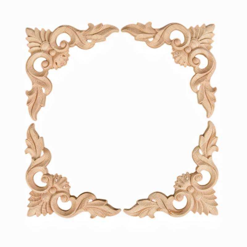 MUXSAM 4Pcs Wood Carved Appliques Onlays, Unpainted Little Wooden Corners Flower Carvings Decals for Mirrors Cabinets Walls Doors Chests Dressers Night Stand DIY Artwork Project, 15x15cm/5.9"x5.9" - Image 1